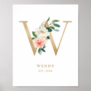 Letter W Blush Floral Monogram Gold Foil Nursery Poster