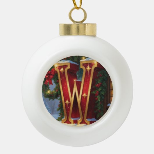 Letter W Christmas Wreath Personalized Initial Keramische Bal Ornament (Voorkant)