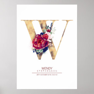 Letter W Monogram Bloemen Navyblauw en Burgundyroo Poster