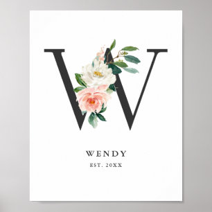 Letter W Monogram Waterverf Peach Florals Nursery Poster