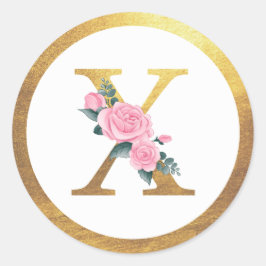 Letter X Monogram Roze Rozen Bloemen & Elegant Gou Ronde Sticker