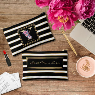 Letter Y Bloemmonogram Zwart Wit Gouden Strepen Etui