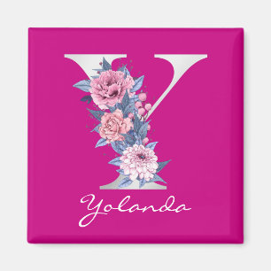 Letter Y Magenta Floral White Metallic Monogram Magneet