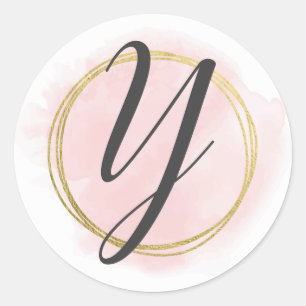 Letter Y Monogram Roze Waterverf Goud Chic Ronde Sticker