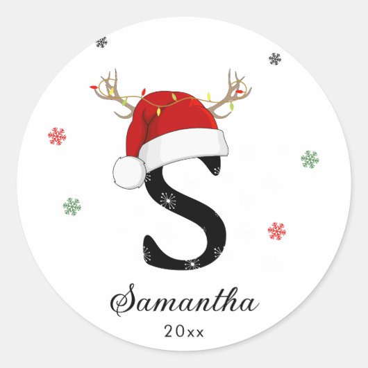Letternaam Santa Hat | Monogram | Aangepast Initia Ronde Sticker (Voorkant)
