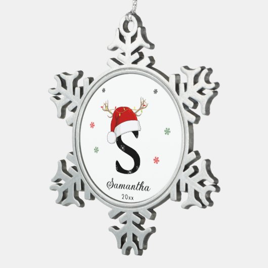 Letternaam Santa Hat | Monogram | Aangepast Initia Tin Sneeuwvlok Ornament (Rechts)