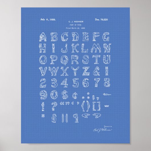 Lettertype 1926 Patent Art Blueprint Poster (Voorkant)