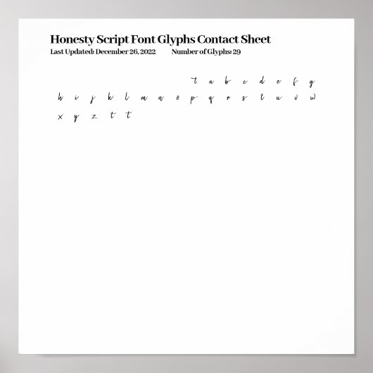 Lettertype 'Honesty Script' tekens Contactblad Poster (Voorkant)