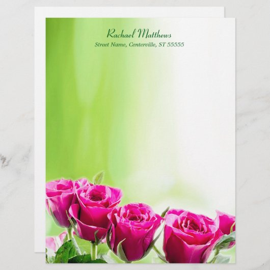 Lettre À En-tête Roses roses fuchsia sur l'arrière - plan vert (Devant / Derrière)