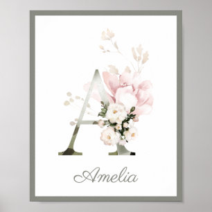 Lettre A Monogram Pink Peony Poster Rose Nursery
