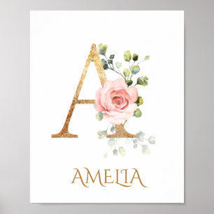 Lettre A Monogramme Rose Peach rose Nursery Poster
