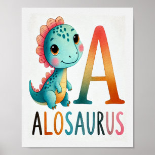 Lettre A, Poster d'aquarelle Dinosaure Alphabet