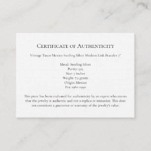Lettre bijoux Authenticité, Modèle de certificat