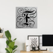 Lettre F, Monogramme gothique Poster noir (Bureau à domicile)