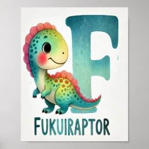 Lettre F, Poster d'aquarelle Dinosaure Alphabet