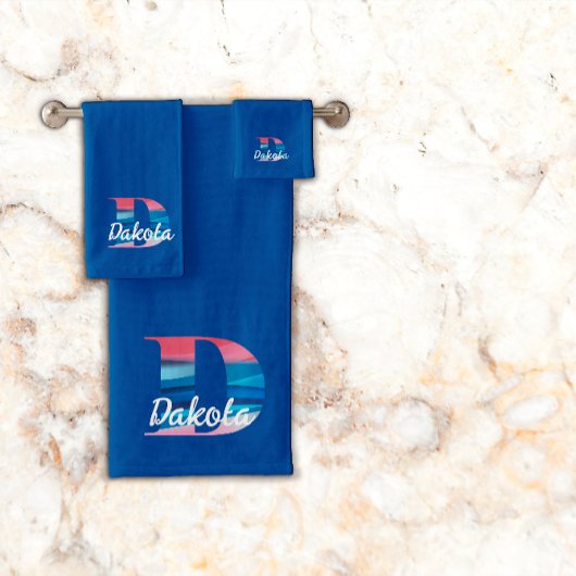 Lettre géométrique D corail rose monogramme bleu f