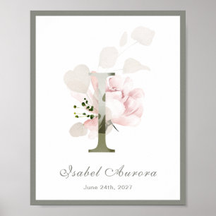 Lettre I Monogramme Rose Blanc Floral Poster