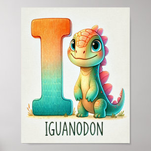Lettre I, Poster d'aquarelle Dinosaure Alphabet