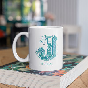 Lettre J Monogramme Turquoise Nom moderne Café Mug