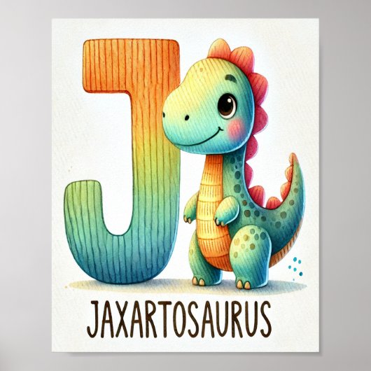 Lettre J, Poster d'aquarelle de l'alphabet de dino (Devant)