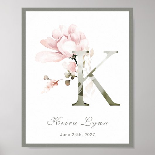 Lettre K Monogramme rose Blanc Floral Poster (Devant)