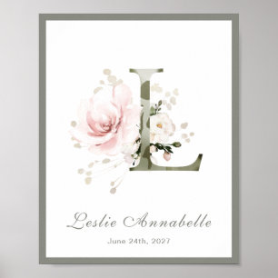 Lettre L Monogram Rose Blanc Floral Poster