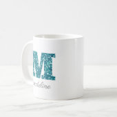 Lettre M Aqua Parties scintillant bleue Mug person (Devant gauche)