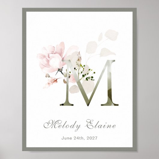 Lettre M Monogramme Rose Blanc Floral Poster (Devant)