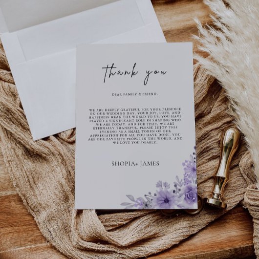 Lettre Merci violet, menu Note de Naples