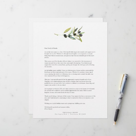 Lettre Modèle en-tête de la branche d'olive aquarelle (Devant/Arrière en situation)