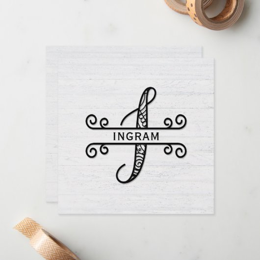 Lettre monogramme I avec carte de note de nom de f (Devant/Arrière en situation)