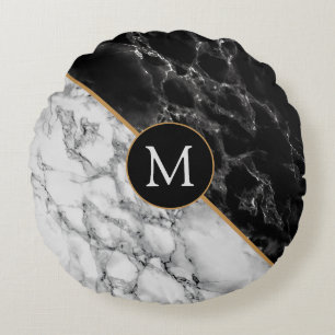 Lettre monographie Coussin rond Marbre noir blanc