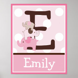 Lettre & nom Eléphants rose empilés Poster mural