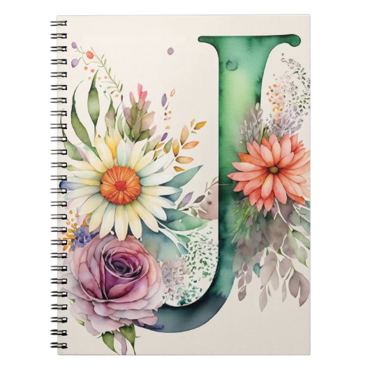 Lettre personnalisée J Carnet d'aquarelle florale (Devant)