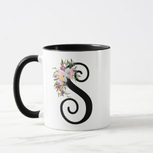 Lettre S florale, tasse d'aquarelle d'art de