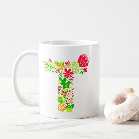 Lettre T en Fleurs Café Mug (Avec donut)