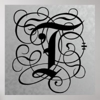 Lettre T, Monogramme gothique Poster noir