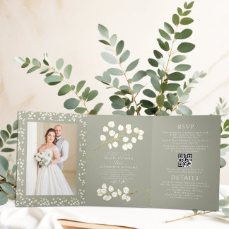 Lettre triple or Sage Green Invitation pliée