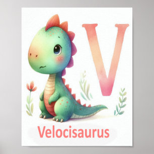 Lettre V, Poster d'aquarelle Dinosaure Alphabet
