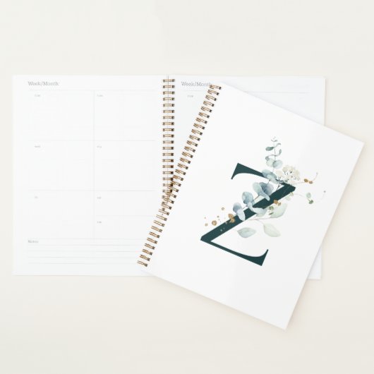 Lettre Z Eucalyptus et or Monogramme Planner (Devant avec enveloppe)