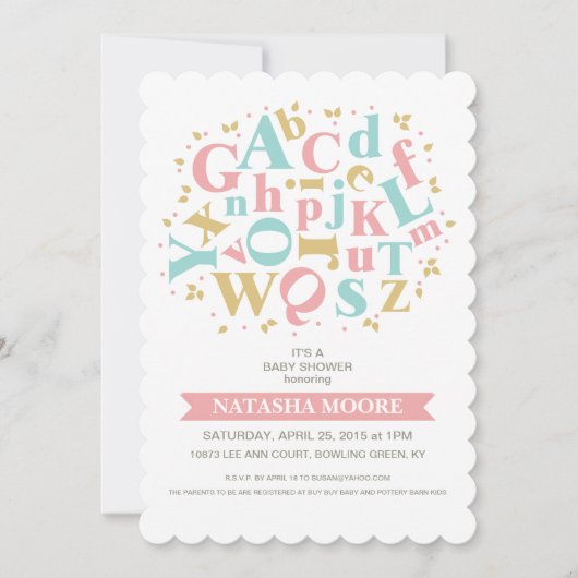 Lettres alphabétiques Invitation Baby shower (Devant)