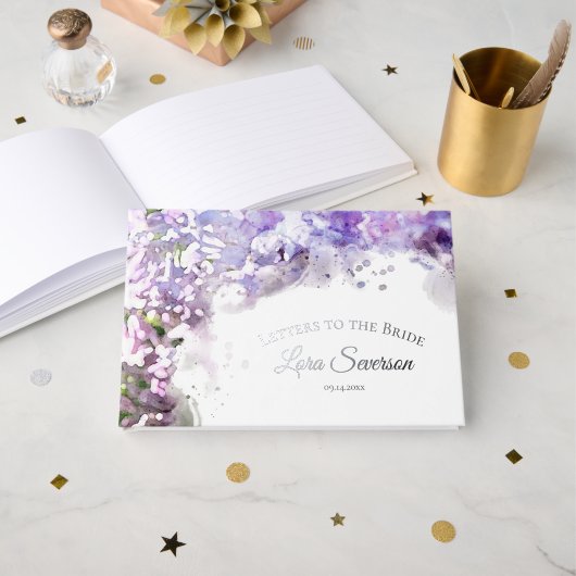 Lettres aquarelle aux lilas violets pour la mariée (Recto ouvert)