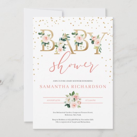 Lettres d'or et Invitation de Baby shower floral (Devant)