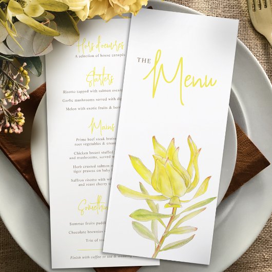 Leucadendron geel rustiek bloemen bruiloft menu
