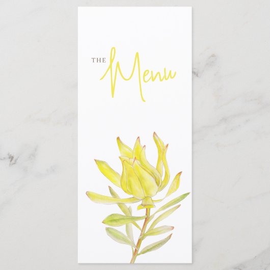 Leucadendron geel rustiek bloemen bruiloft menu (Voorkant)