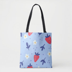 Leuk aardbei- en lentebloempatroon op blauw draagtas