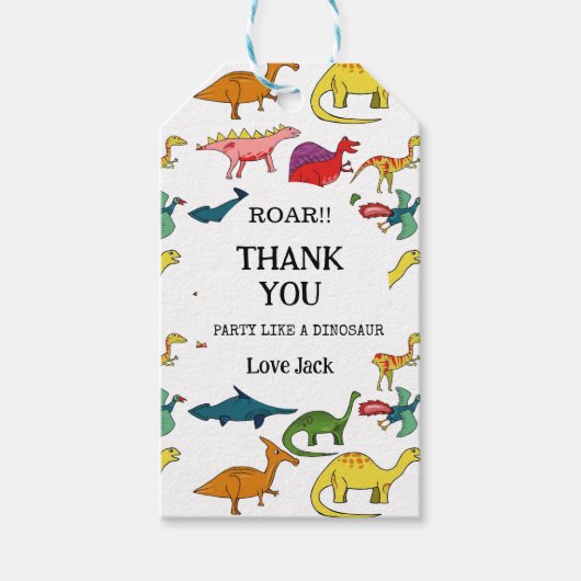 Leuk bedankje jongen 1e verjaardagsfeestje dinosau cadeaulabel (Voorkant)