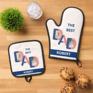 Leuk Beste PAPA Twee foto's Naam Rood Wit en Blauw Ovenwant & Pannenlap Set