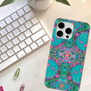Leuk Blauw Boho Harten Bloemen Patroon iPhone 15 Pro Max Hoesje