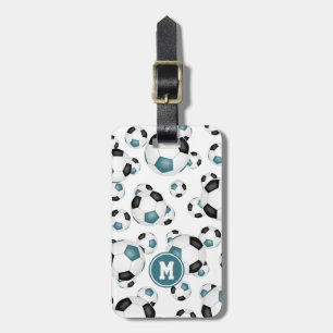 leuk blauwgroen zwart voetbal patroon monogrammen bagagelabel